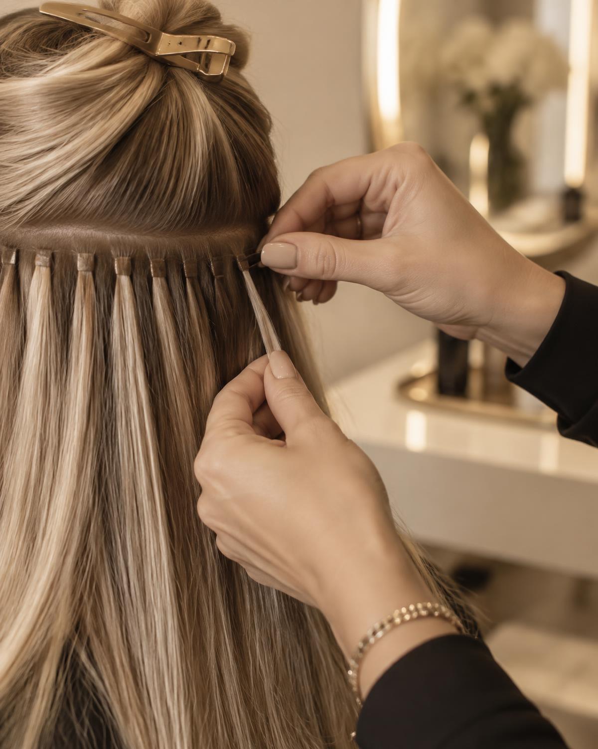 Reposicionamento das mechas de mega hair próximas à raiz durante a manutenção